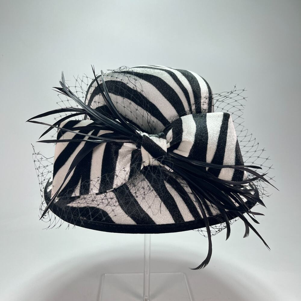 August Accessories Fine Millinery Black Zebra Cloche Feather Dress Hat Women's